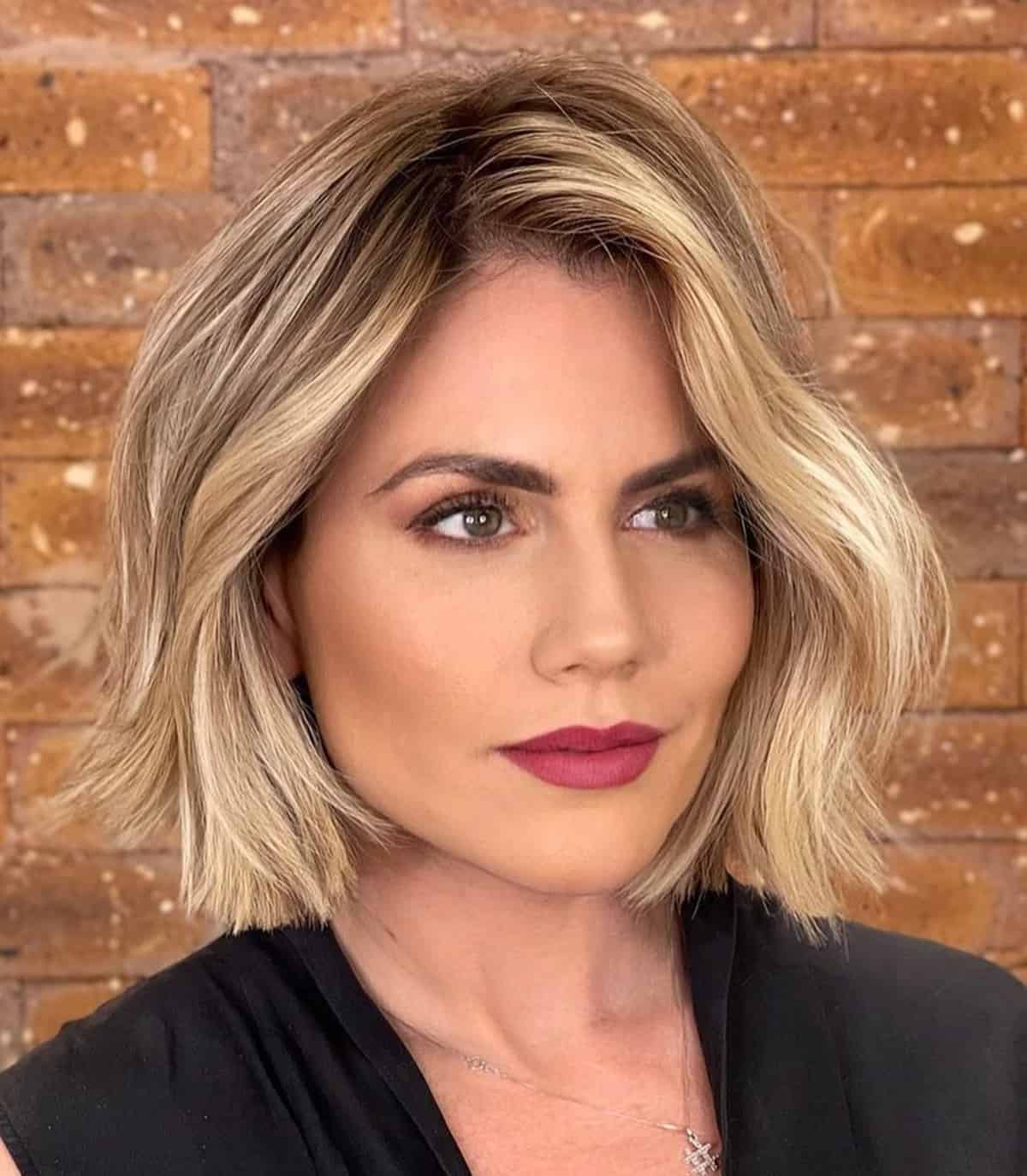 Chin-length round brushed bob haircut