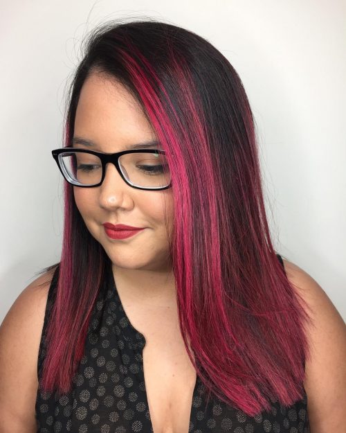 Magenta Red Highlights on Black Hair