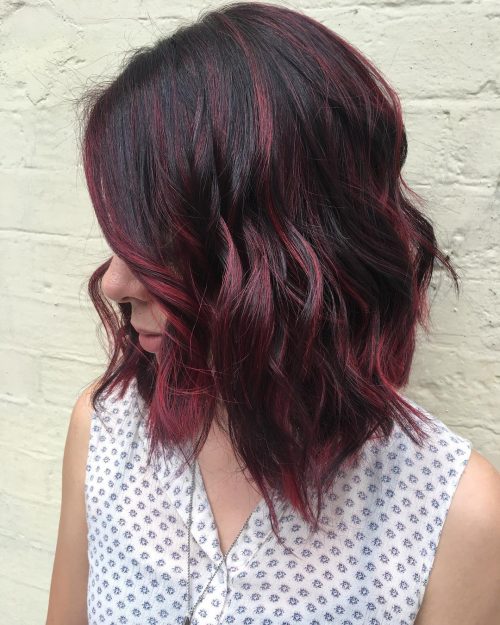 Maroon-Red Highlights on Black Hair