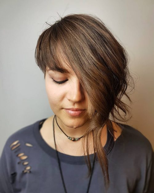 Side swept short Asymmetrical bob with Bangs