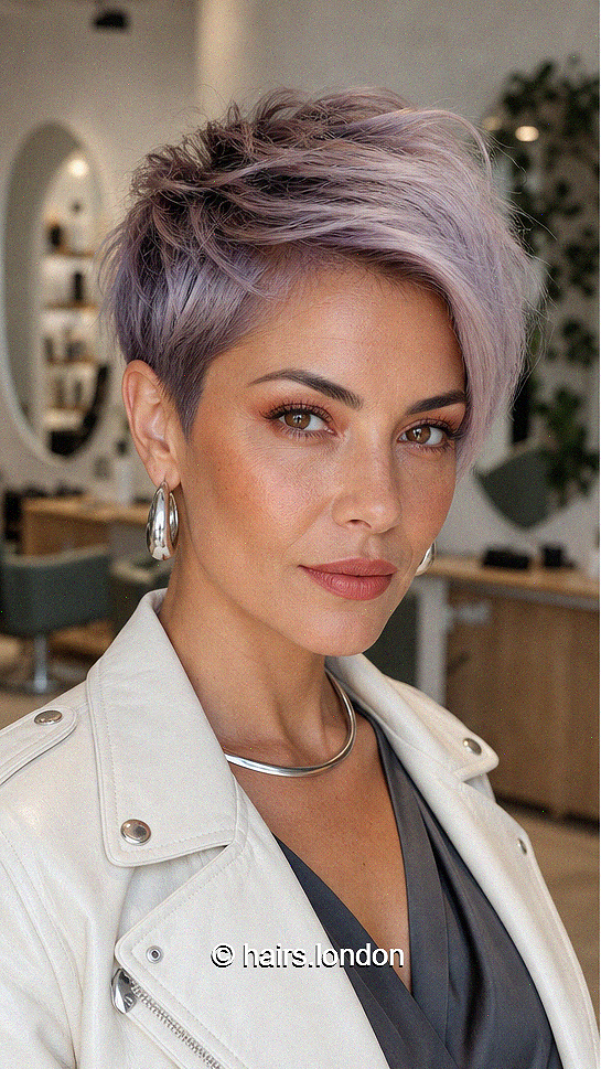 80 Cute Short Pixie Haircuts for a Blend of Femininity and Practicality Smoky Lavender Silver Hair