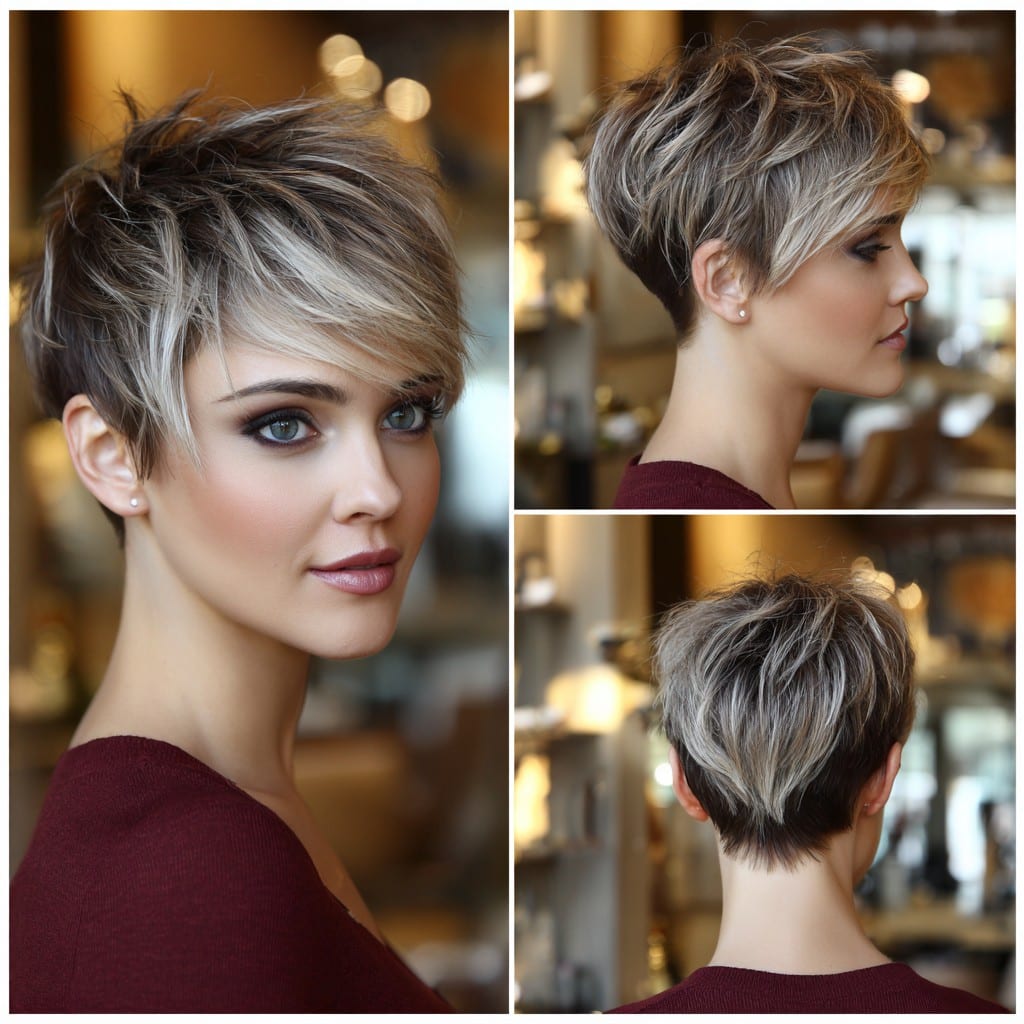 Ash Brown Pixie with Blonde Highlights Hair