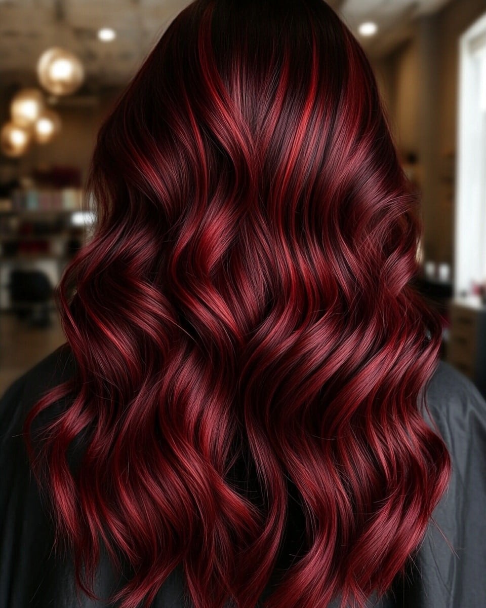 Glossy Dark Red Balayage Wavy Hair