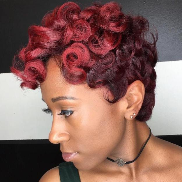 African American Curly Burgundy Pixie