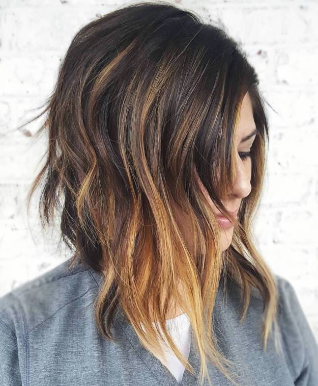 Angled Brown Lob with Caramel Balayage