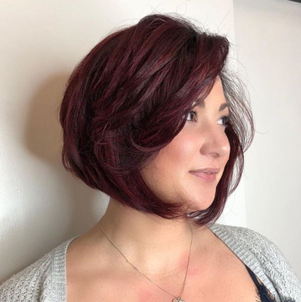 Angled Burgundy Bob With Bangs