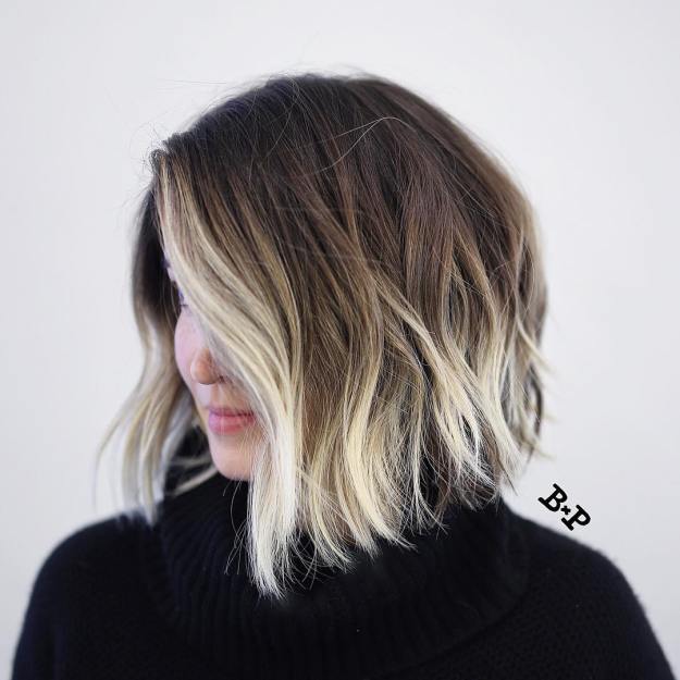 Angled Wavy Brown Bob With Blonde Balayage