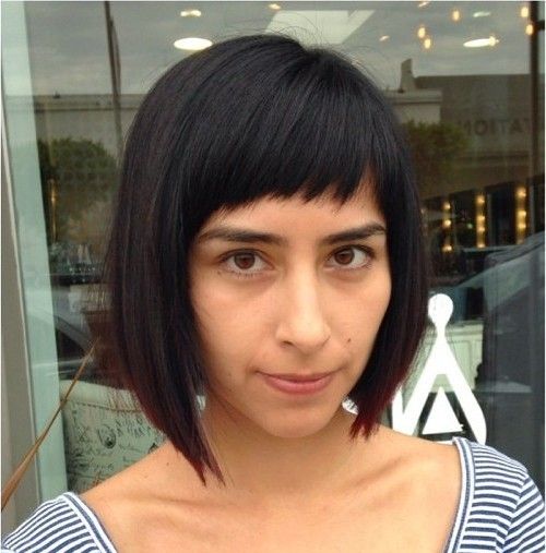 asymmetrical angled bob with cropped bangs
