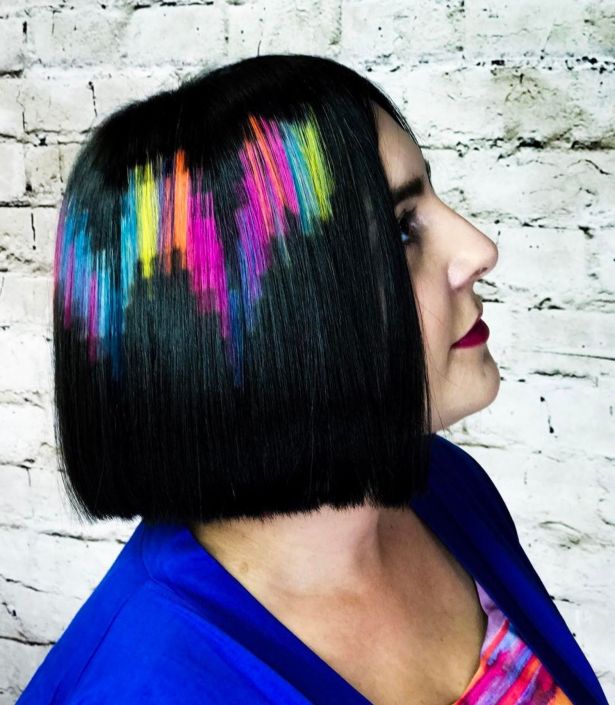 Black Blunt Bob With Pixels Hair Tattoo