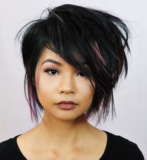 black chopped bob with pink balayage