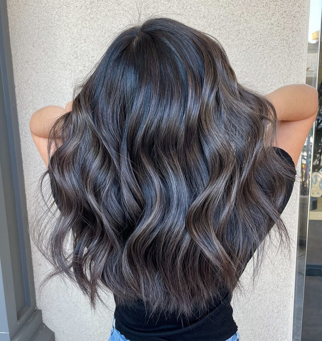 Black Hair with Ash Brown Balayage