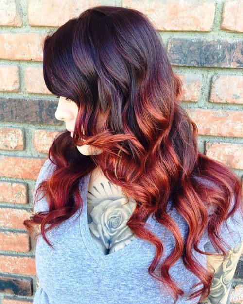 23 Thrilling Ideas for Red Ombre Hair black hair with burgundy and caramel balayage