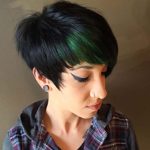 Black Pixie With Green Peekaboo Highlights