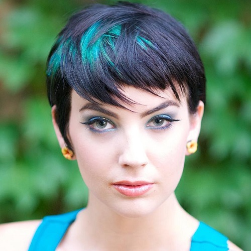 Black Pixie With Teal Balayage