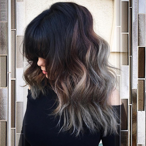 black shaggy hairstyle with silver ombre