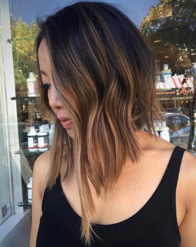 Black To Brown Balayage Asymmetrical Bob