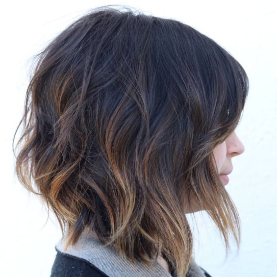 Black Wavy Bob With Copper Highlights