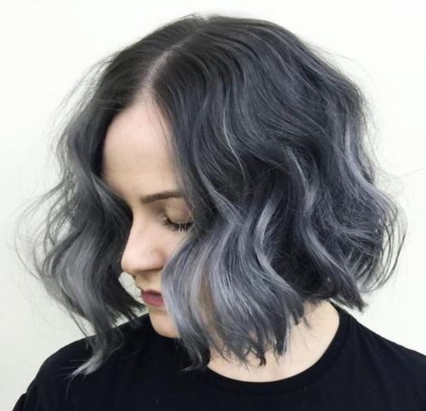 black wavy bob with gray ombre highlights