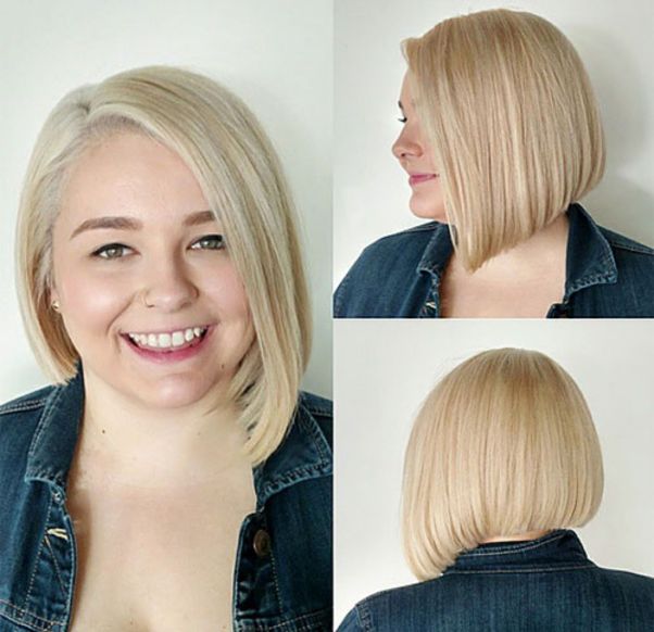 blonde asymmetrical bob for a round face