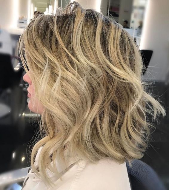 Blonde Balayage Lob With Dark Roots