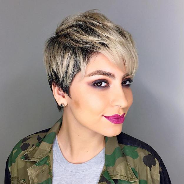 Blonde Balayage Pixie With Black Roots