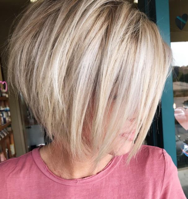 Blonde Stacked Bob With Bangs For Thick Hair