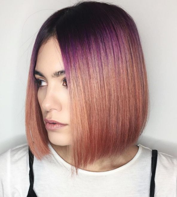 Blunt Caramel Bob With Purple Root Fade