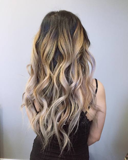 brown hair with golden and silver balayage