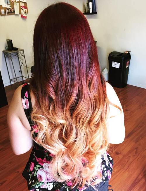 23 Thrilling Ideas for Red Ombre Hair brown to blonde ombre with red balayage