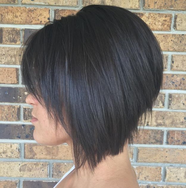 brunette angled stacked bob for straight hair