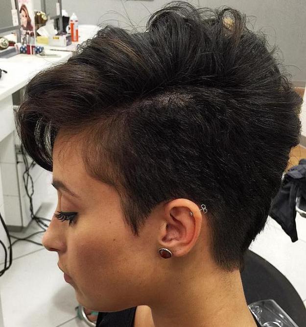 brunette asymmetrical pixie with long side bangs
