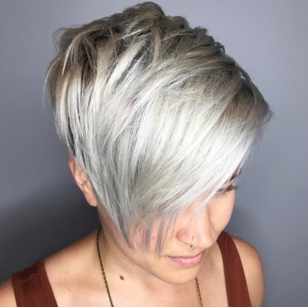 Chopped Blonde Pixie with Long Bangs