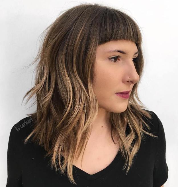 Choppy Angled Lob With Short Blunt Bangs