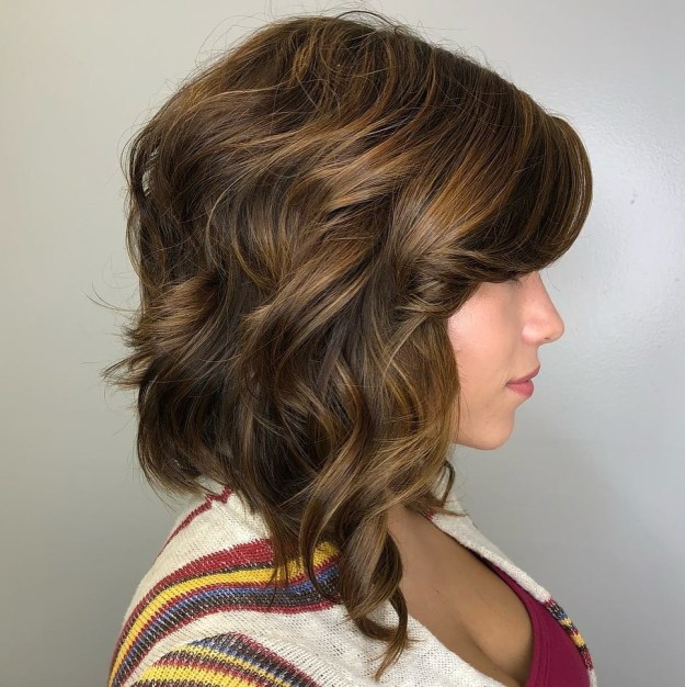 Curly Golden Brown Bob with Side Bangs