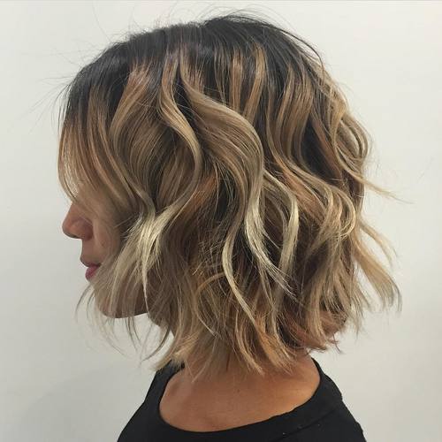 dark brown bob with blonde balayage 