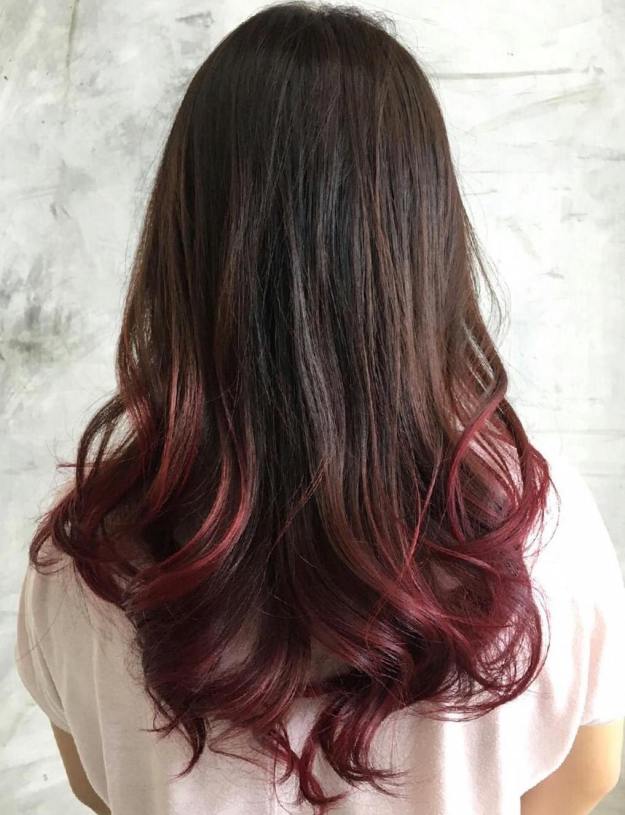 Dark Brown Hair With Burgundy Dip Dye