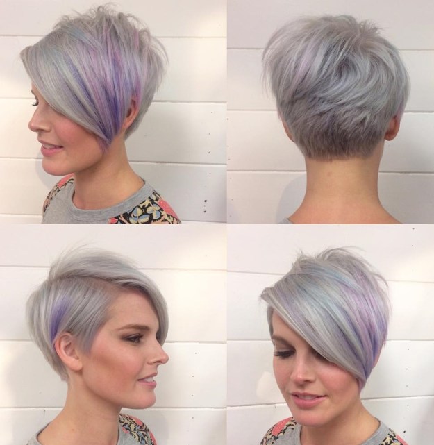 Gray And Purple Layered Pixie With Long Bangs