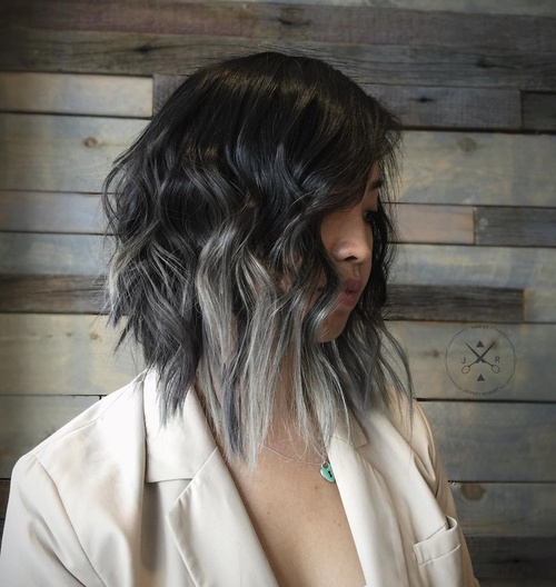 gray balayage for long black bob