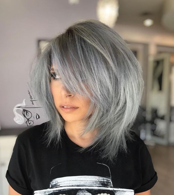 Gray Layered Bob With Bangs