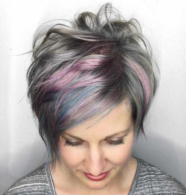 Gray Long Pixie With Pink Highlights