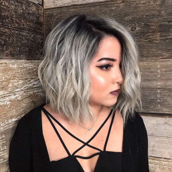 Gray Wavy Bob With Black Roots