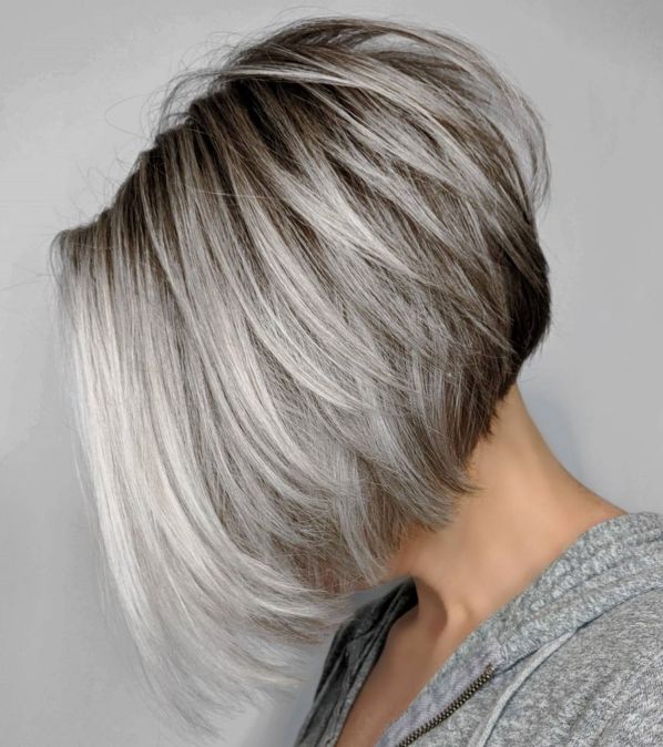 Inverted Layered Gray Bob with Brown Roots