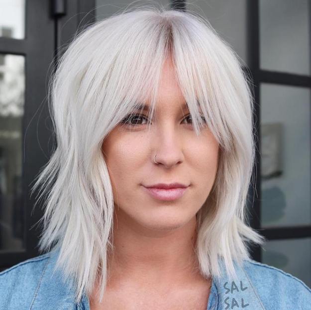 Layered Platinum Bob With Bangs