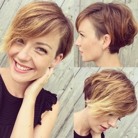 long asymmetrical pixie with golden blonde highlights