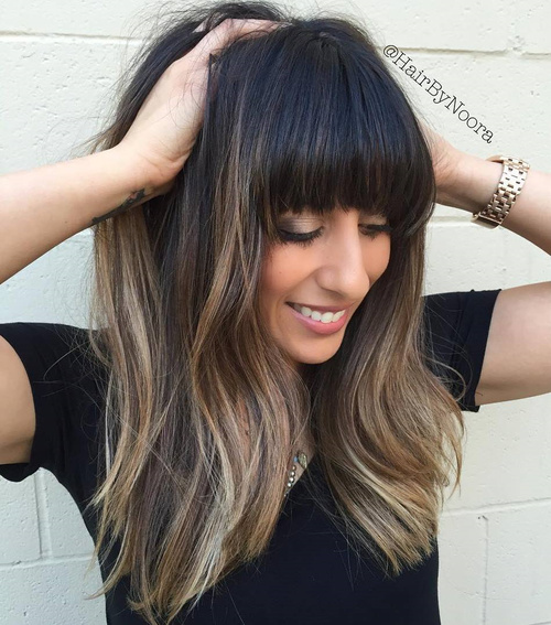 Long Balayage Hair With Straight Bangs