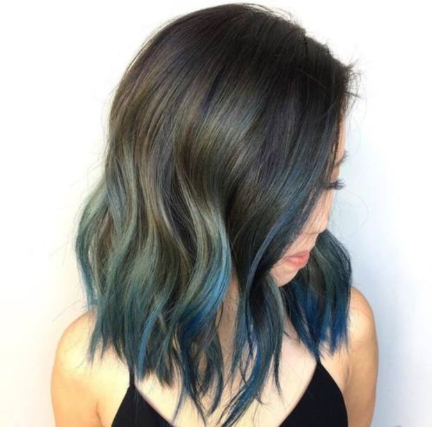 long black choppy bob with blue balayage