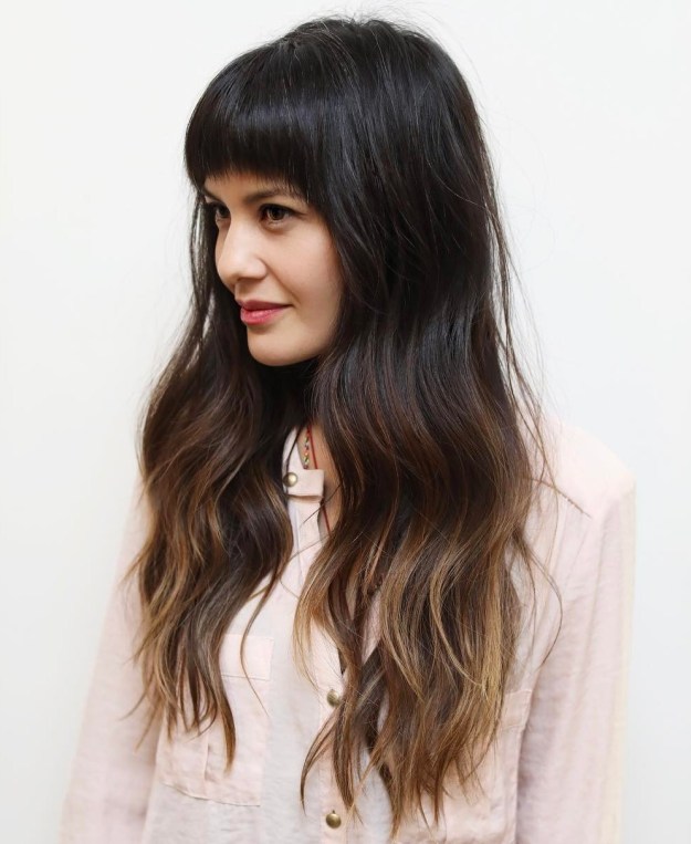 Long Brown Ombre Hair With Arched Bangs