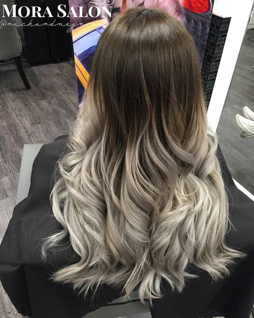 long brown to silver ombre hair