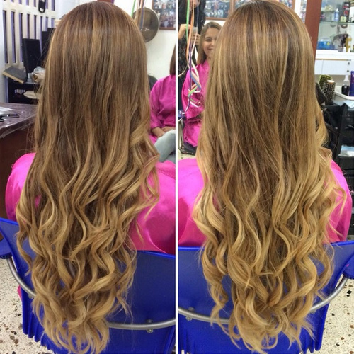 long curly brown blonde hairstyle