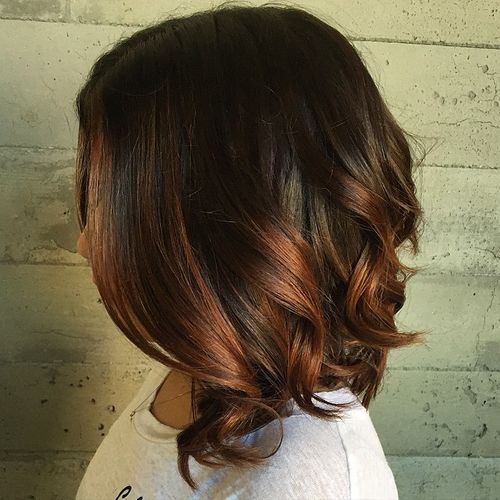 long dark brown bob with copper ombre highlights